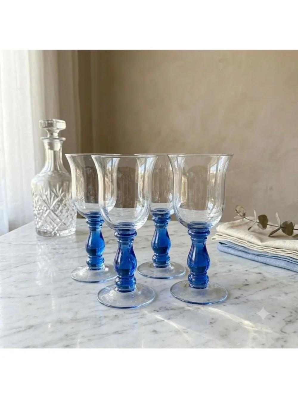 Vintage Royal Blue Stem Wine Glasses Water Goblets Tulip Clear Bowl Set of 4